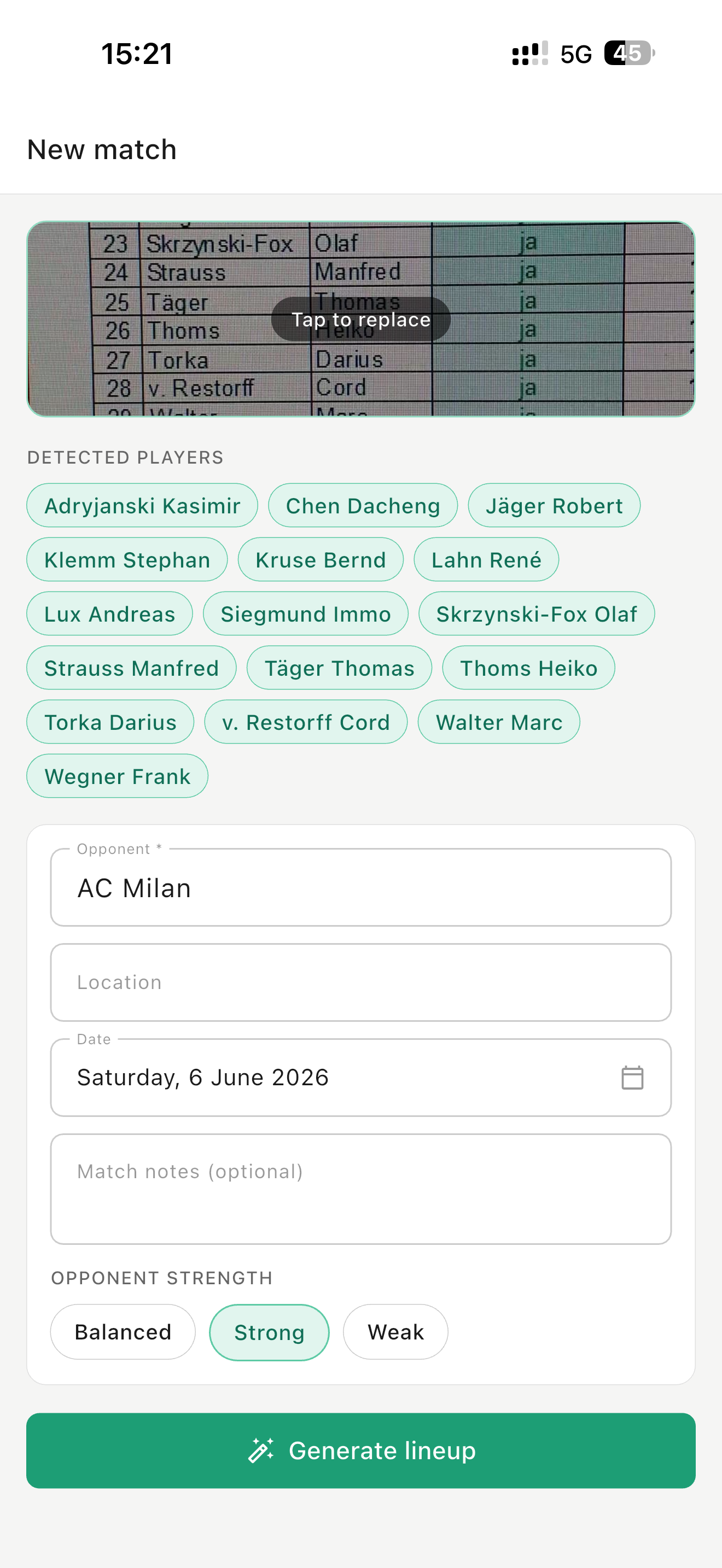 AI-detected players from the team sheet