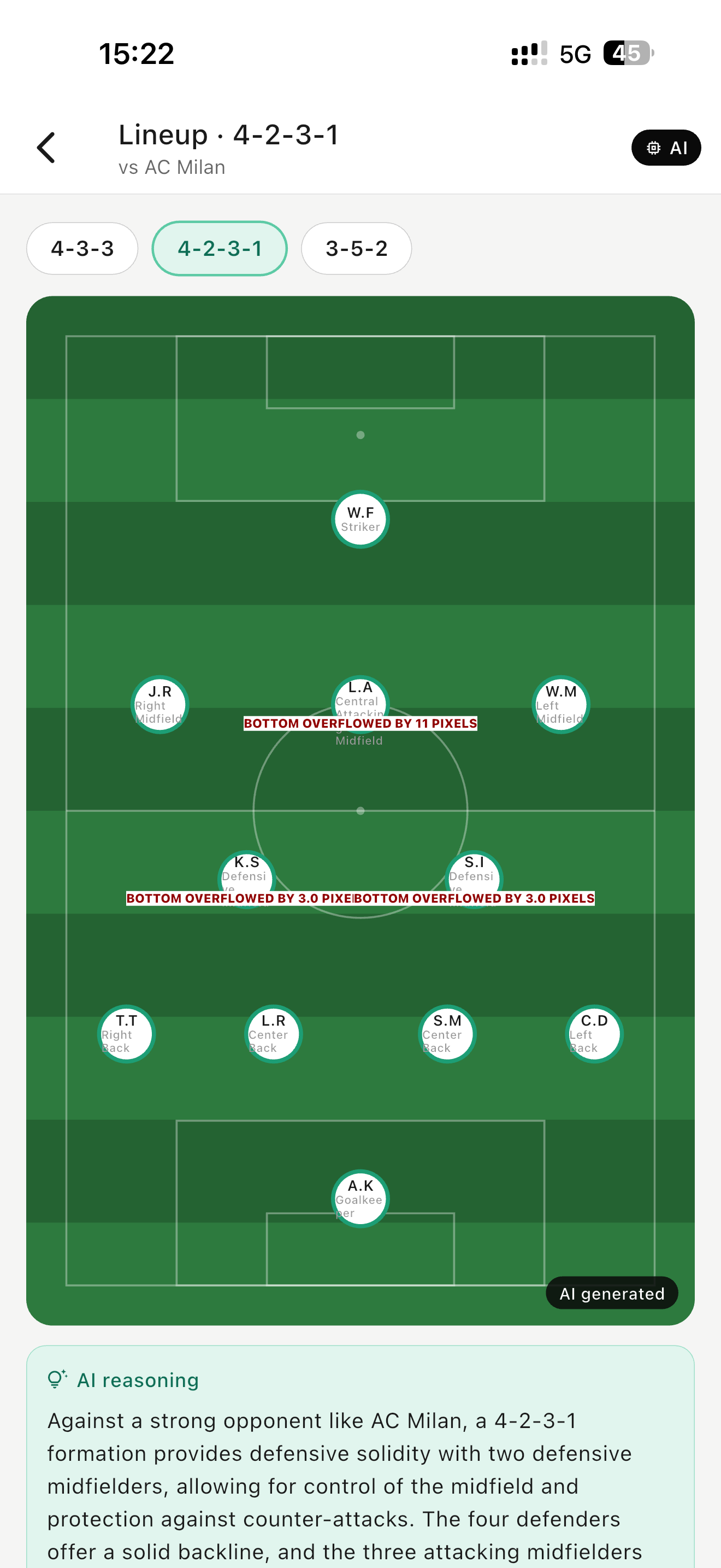 Auto-generated lineup on a 2D pitch