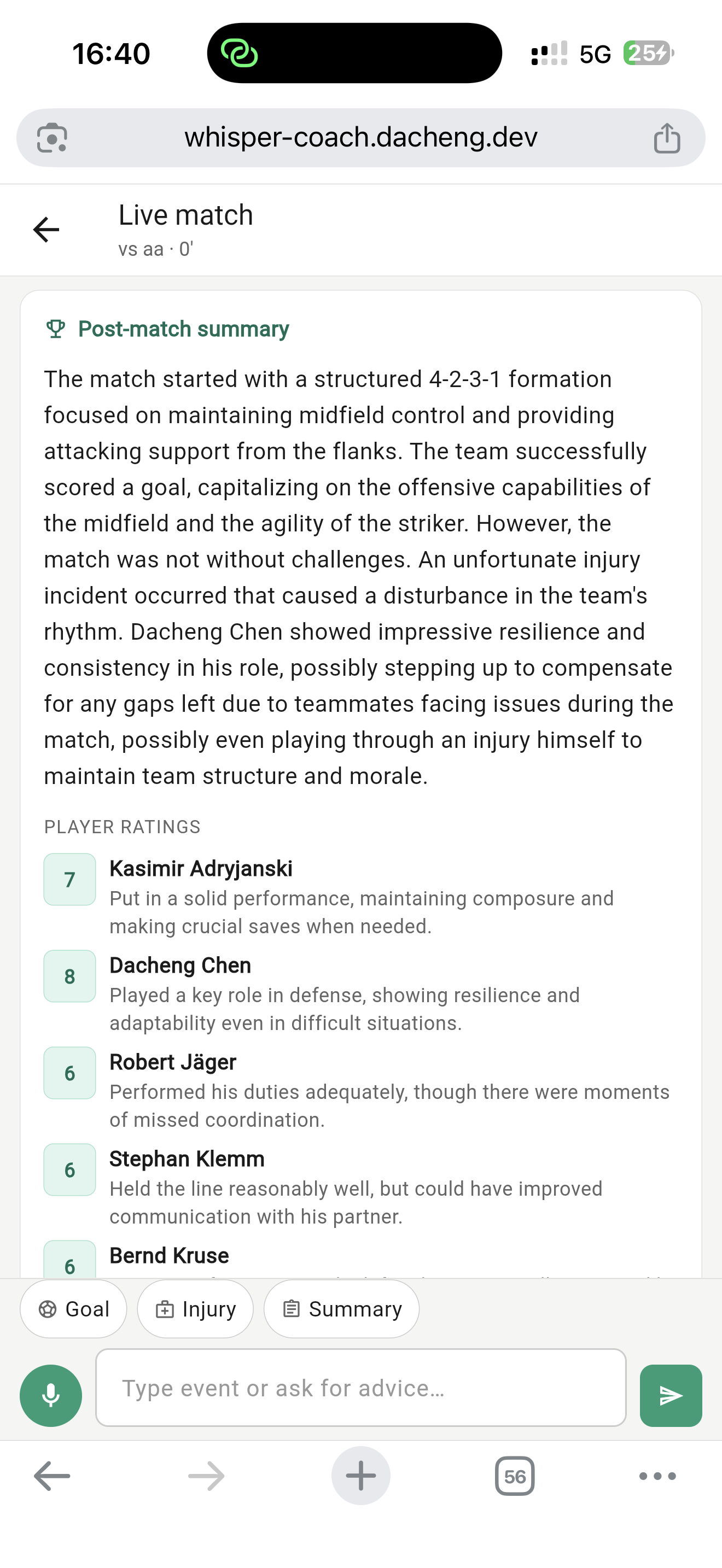 Post-match summary with player ratings